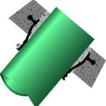 Simulation of Press-Seal Cast-A-Seal 12-08, a cast-in connector, providing a watertight seal between a pipe and concrete structure.