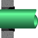 Simulation of Press-Seal Kwik Seal, a compression connector, providing a watertight seal between a pipe and concrete structure.