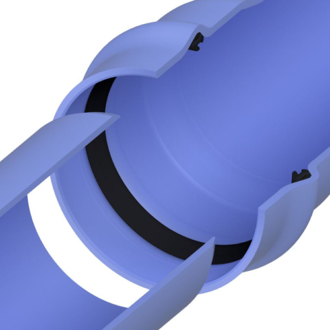 Light blue pipe with black seal placed inside
